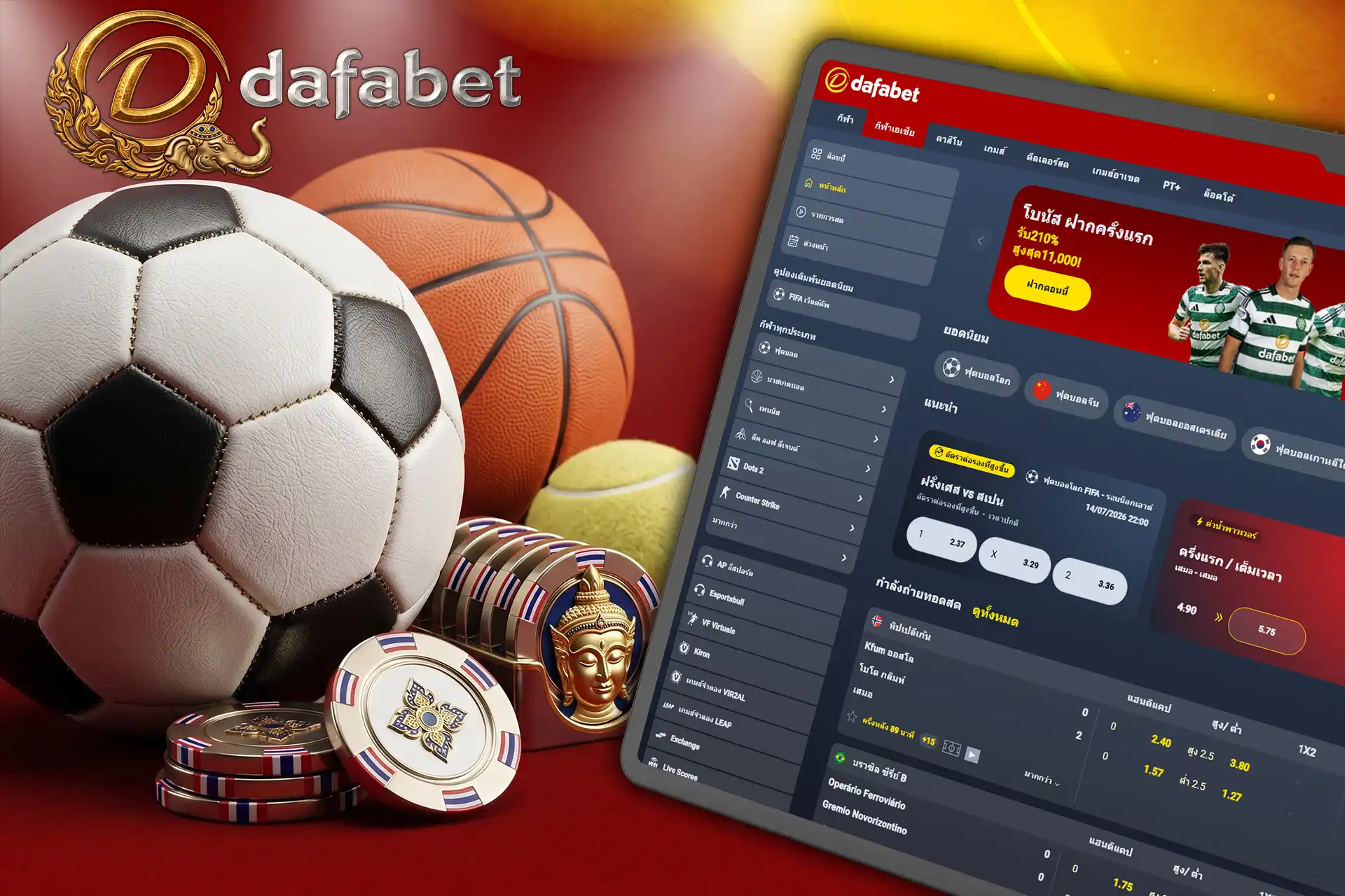 การเดิมพันกีฬาบน Dafasport แสดงหน้าจอแท็บเล็ตที่มีราคาต่อรองฟุตบอลและกีฬาอื่นๆ พร้อมลูกฟุตบอล บาสเกตบอล และลูกเทนนิส